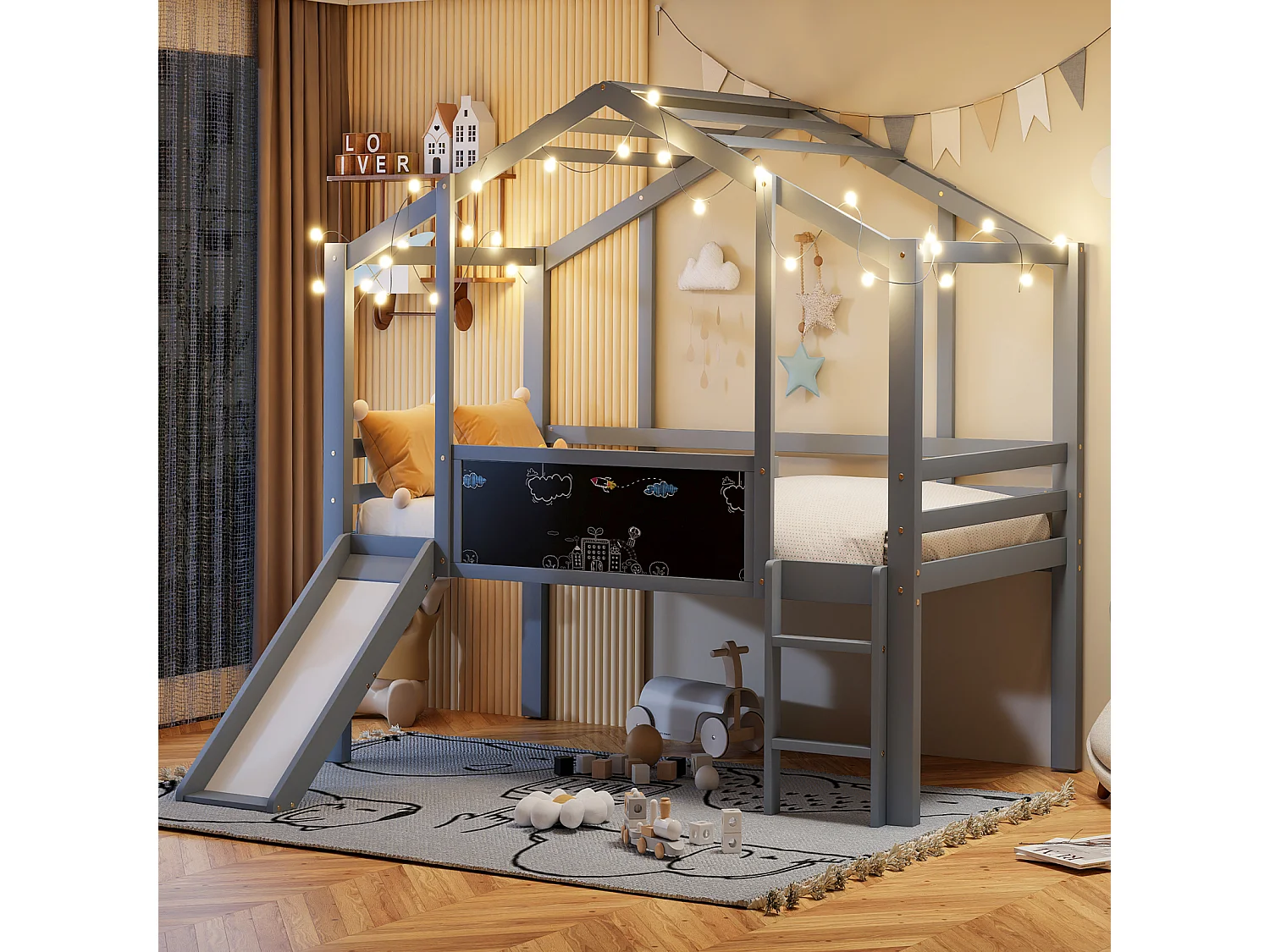 Kinderbed 90x200 cm mezzanine-stijl met veiligheidsladder en glijbaan, graffitibord, multifunctioneel bed in massief hout
