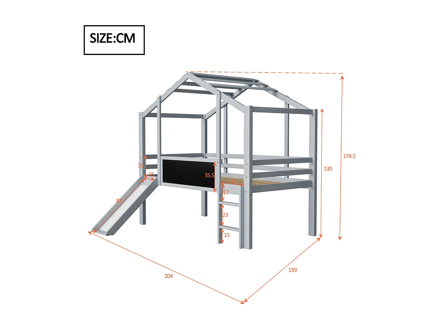 Kinderbed 90x200 cm mezzanine-stijl met veiligheidsladder en glijbaan, graffitibord, multifunctioneel bed in massief hout
