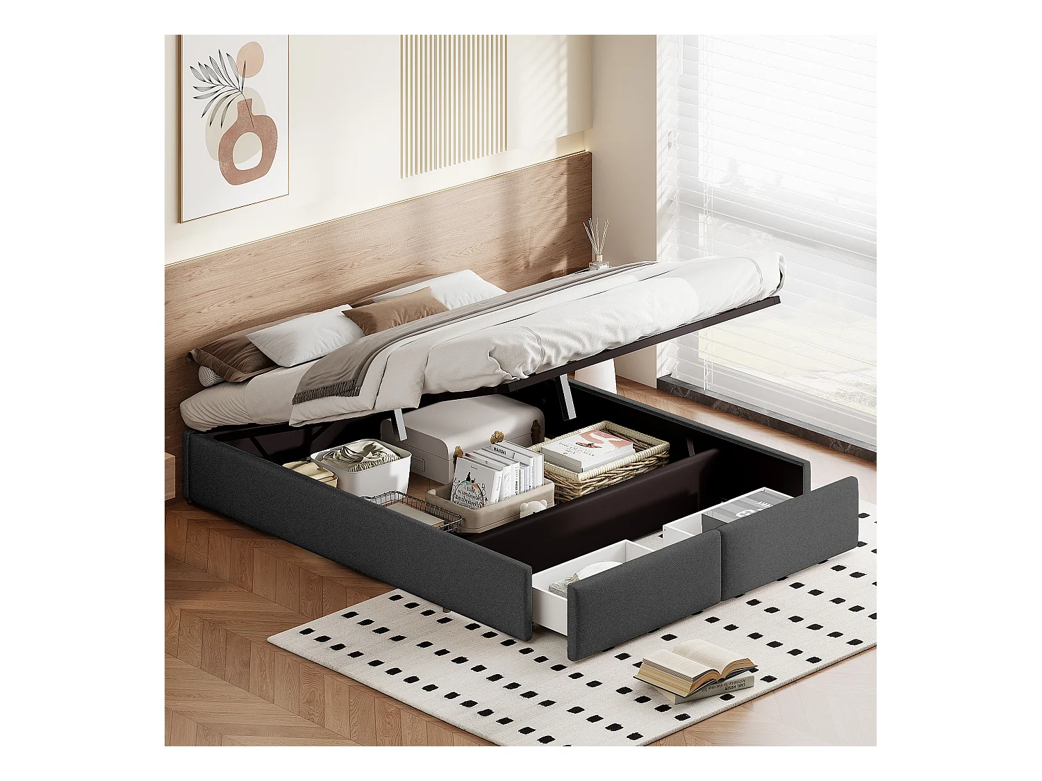 Plattformbett 140x200 cm ohne Kopfteil, mit hydraulischem Stauraum und 2 Schubladen, modernes und praktisches Design, eleganter grauer Stoff