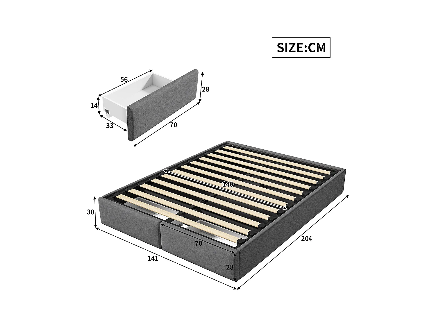 Plattformbett 140x200 cm ohne Kopfteil, mit hydraulischem Stauraum und 2 Schubladen, modernes und praktisches Design, eleganter grauer Stoff