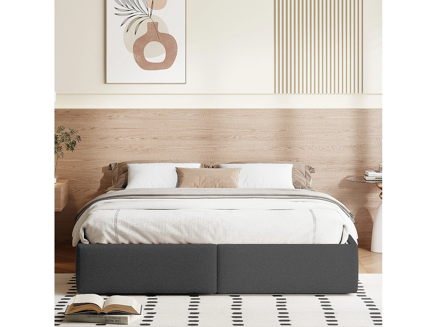 Lit plateforme 140x200 cm sans tête de lit, avec stockage hydraulique et 2 tiroirs, design moderne et pratique, tissu gris élégant