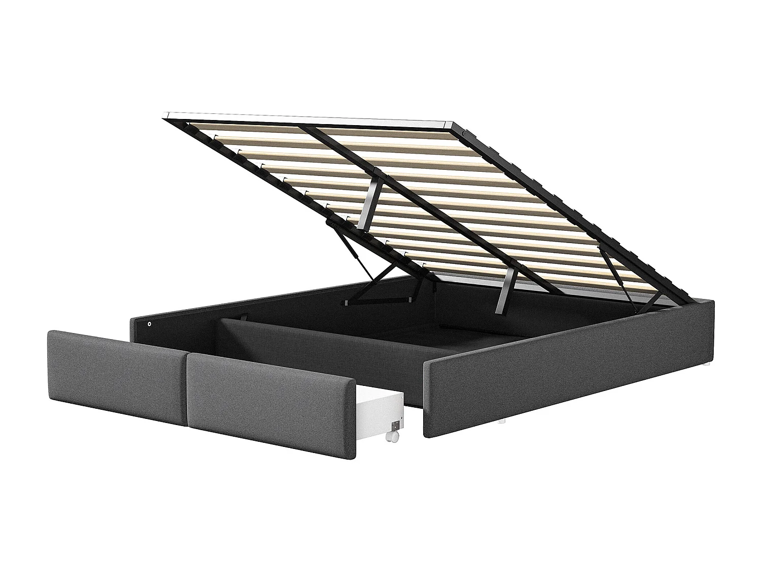 Lit plateforme 140x200 cm sans tête de lit, avec stockage hydraulique et 2 tiroirs, design moderne et pratique, tissu gris élégant
