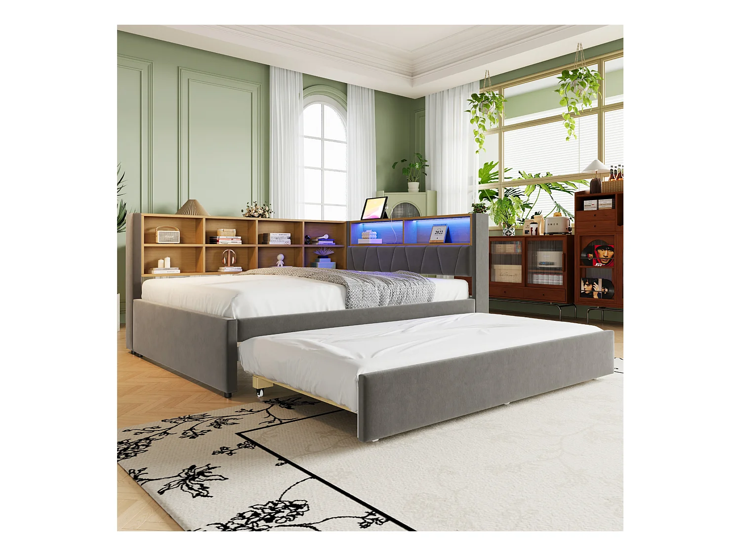 Schlafsofa 140x200 cm mit Ausziehbett 90x190 cm, LED-Beleuchtung, Steckdosen, viel Stauraum, dunkelgrauer Flanellstoff, multifunktional