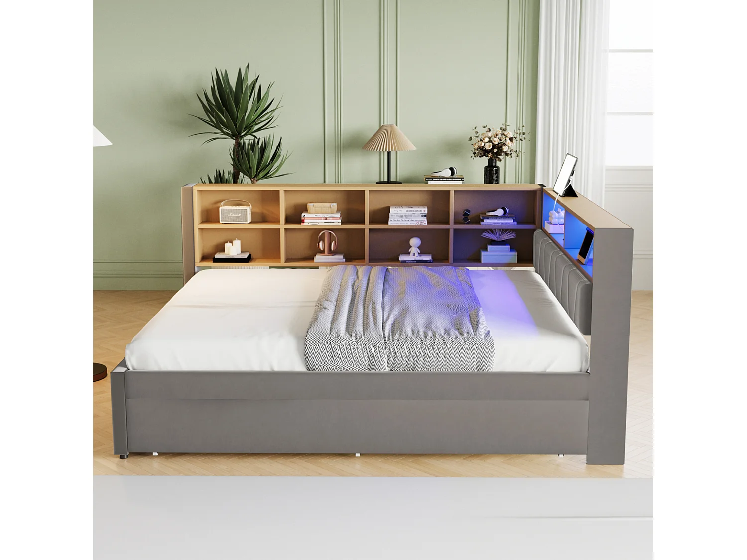 Sofá-cama 140x200 cm com cama de rodízio 90x190 cm, iluminação LED, tomadas elétricas, muito espaço de armazenamento, tecido de flanela cinza escuro