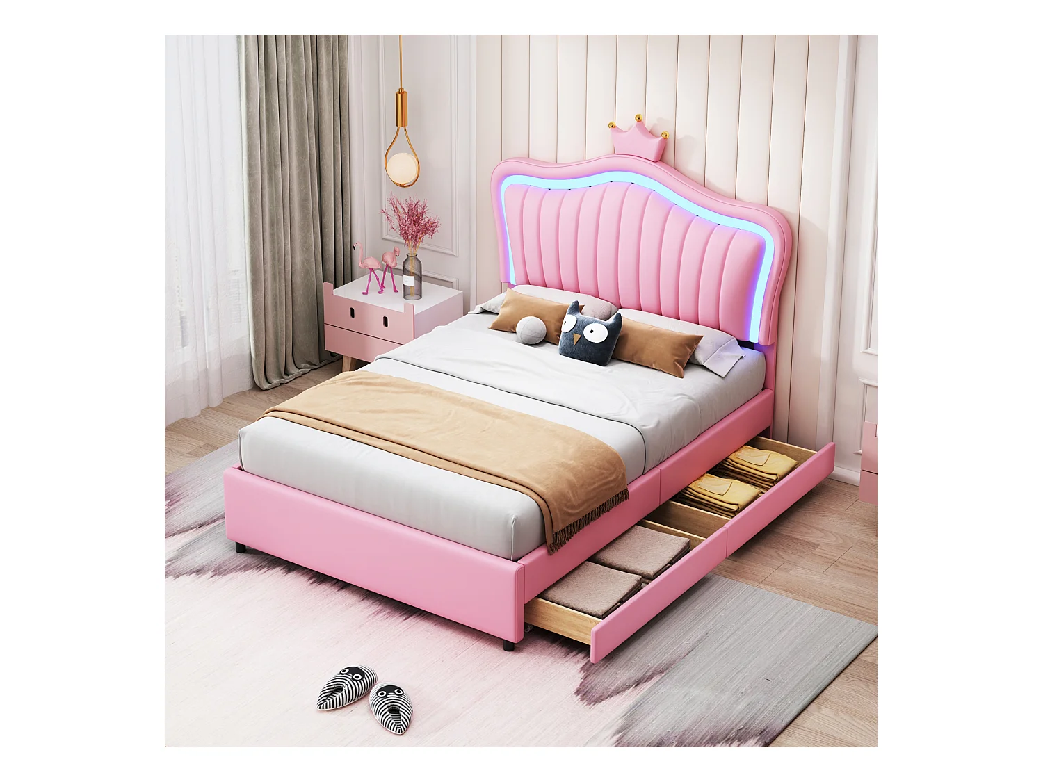 Lit enfant rembourré 90x200 cm, lit simple pour fille, cadre en simili cuir rose avec motif couronne, tiroirs de rangement, éclairage LED