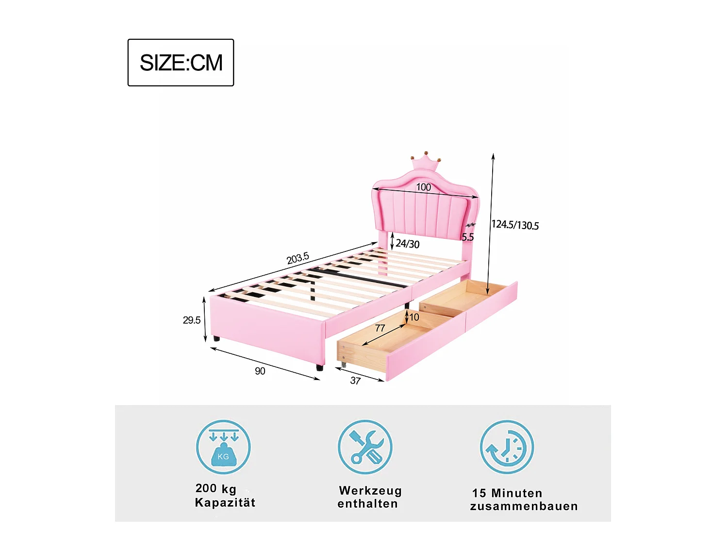 Lit enfant rembourré 90x200 cm, lit simple pour fille, cadre en simili cuir rose avec motif couronne, tiroirs de rangement, éclairage LED