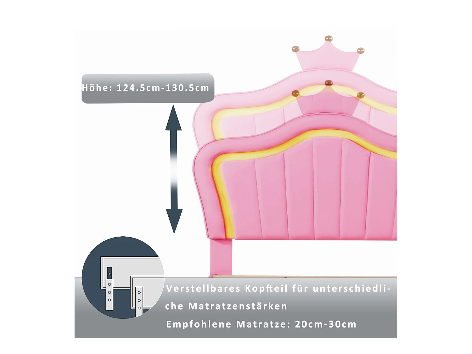 Lit enfant rembourré 90x200 cm, lit simple pour fille, cadre en simili cuir rose avec motif couronne, tiroirs de rangement, éclairage LED