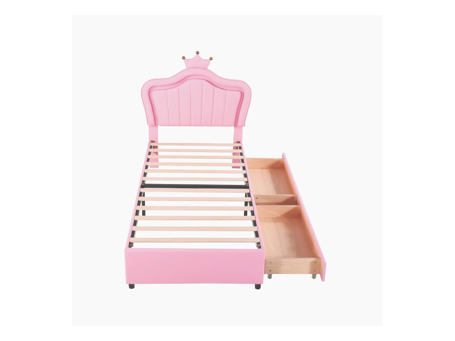 Lit enfant rembourré 90x200 cm, lit simple pour fille, cadre en simili cuir rose avec motif couronne, tiroirs de rangement, éclairage LED