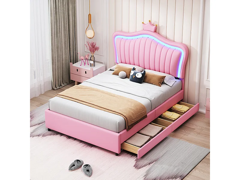 Cama infantil estofada 90x200 cm, cama de solteiro para meninas, estrutura de couro sintético rosa com padrão de coroa, gavetas de armazenamento, iluminação LED