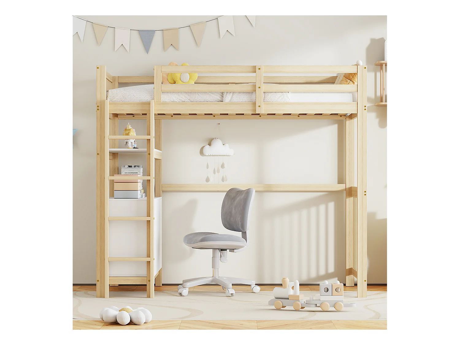 Lit mezzanine 90x200 cm avec échelle verticale, tiroirs et étagères, design avec garde-corps, cadre en pin,  blanc et bois naturel