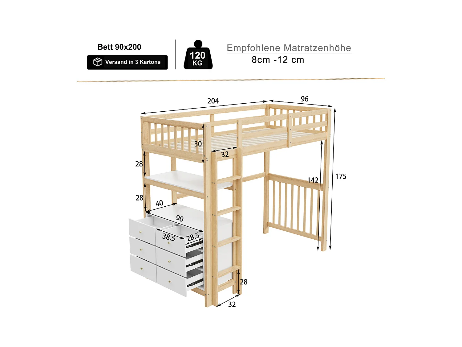 Lit mezzanine 90x200 cm avec échelle verticale, tiroirs et étagères, design avec garde-corps, cadre en pin,  blanc et bois naturel