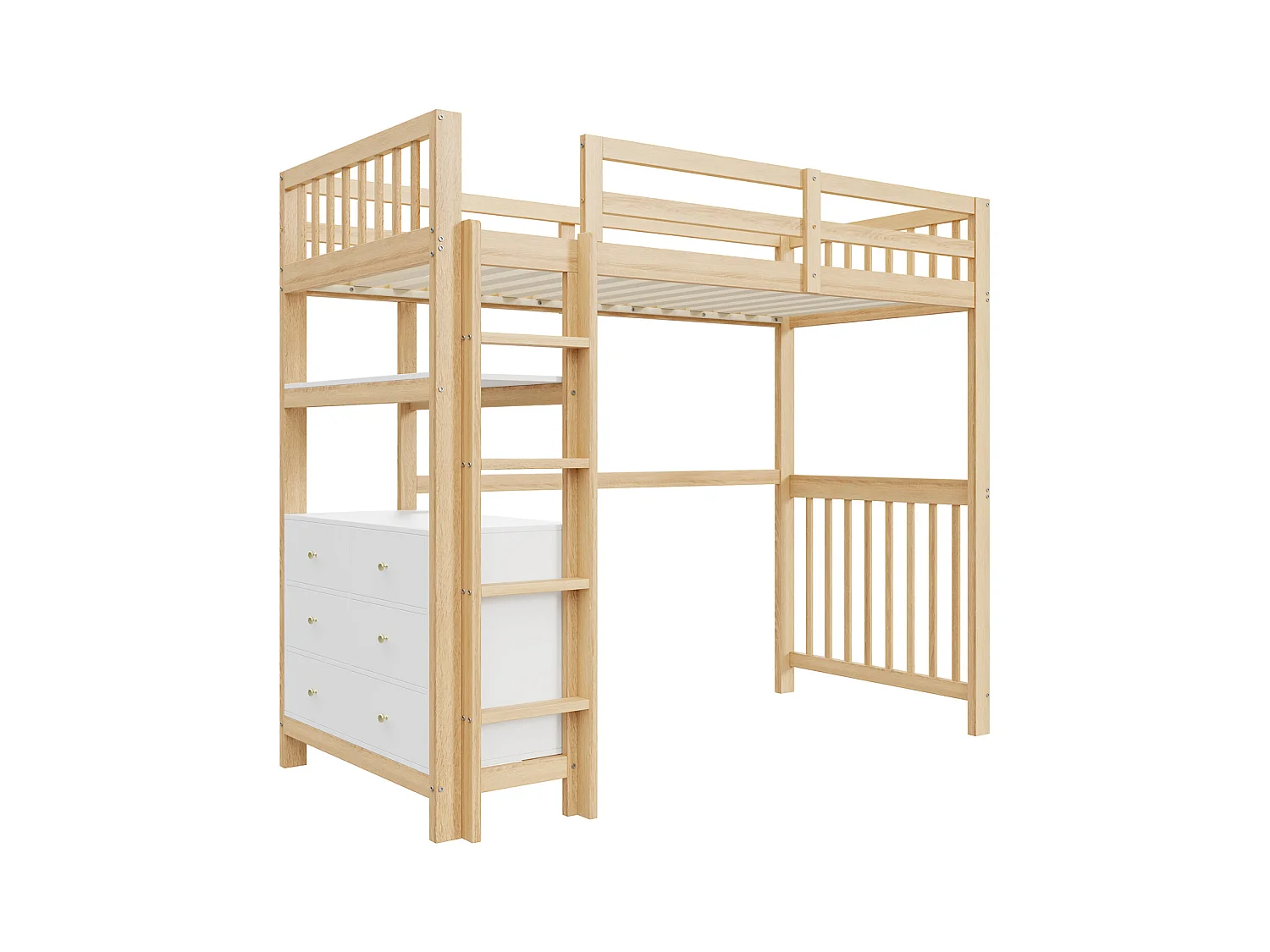 Lit mezzanine 90x200 cm avec échelle verticale, tiroirs et étagères, design avec garde-corps, cadre en pin,  blanc et bois naturel