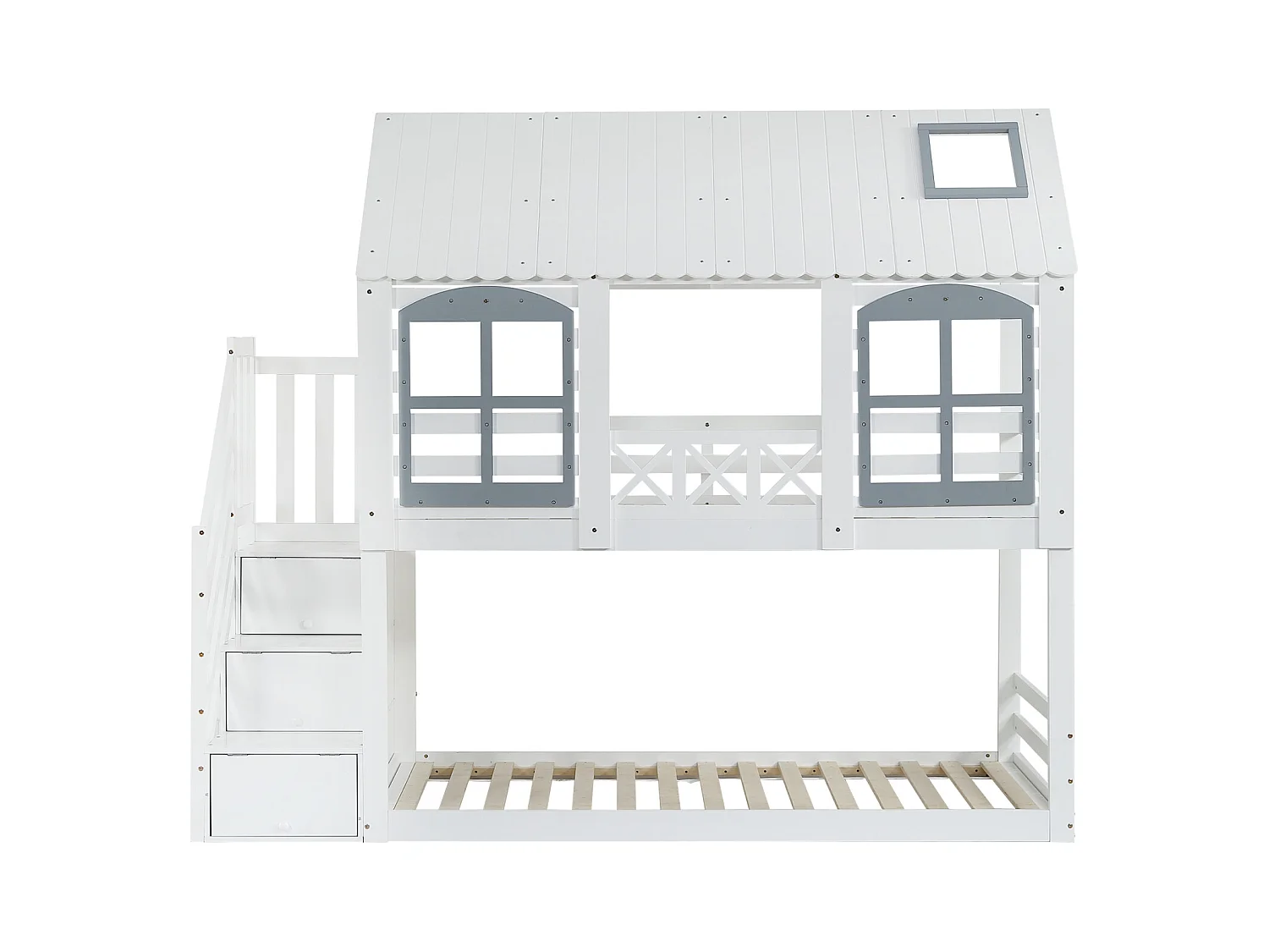Lit superposé 90x200 cm avec toit et fenêtres, garde-corps de sécurité, 3 espaces de rangement dans l’échelle, blanc et gris