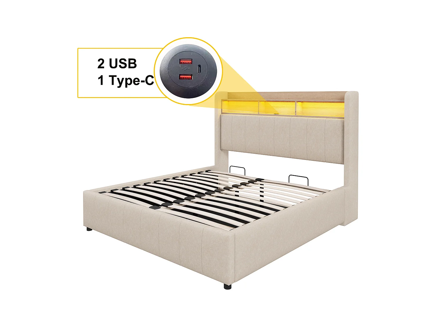 Gestoffeerd bed 140x200 cm met LED en USB, hoofdbord met planken en opbergruimte, hydraulisch systeem, tweepersoonsbed voor volwassenen, beige