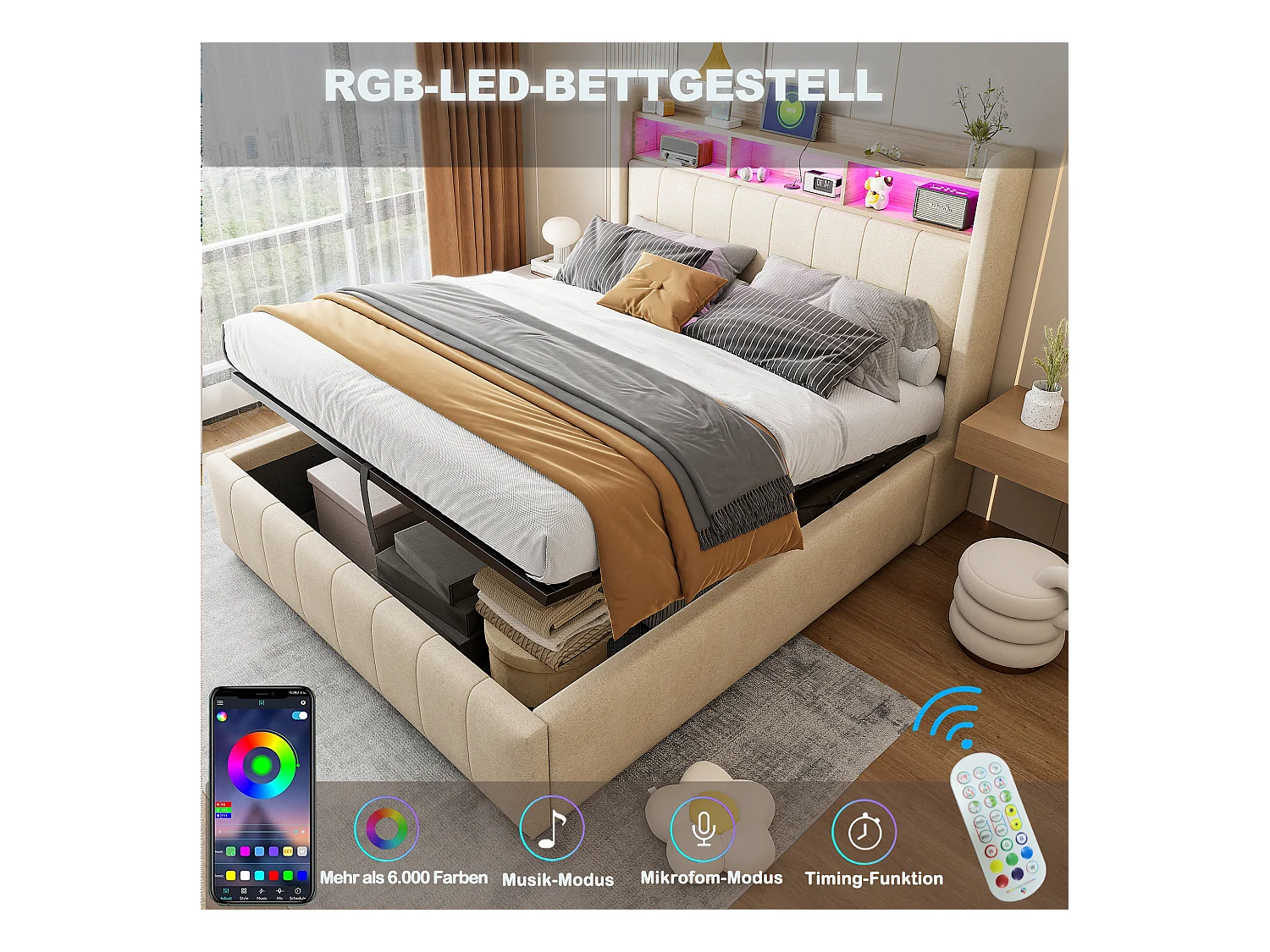 Gestoffeerd bed 140x200 cm met LED en USB, hoofdbord met planken en opbergruimte, hydraulisch systeem, tweepersoonsbed voor volwassenen, beige