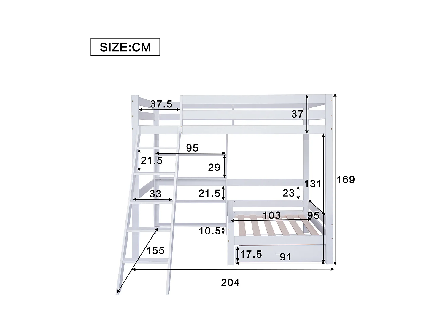 Lit superposé avec étagères et canapé, lit bois avec tiroir, échelle inclinée, cadre massif, blanc.