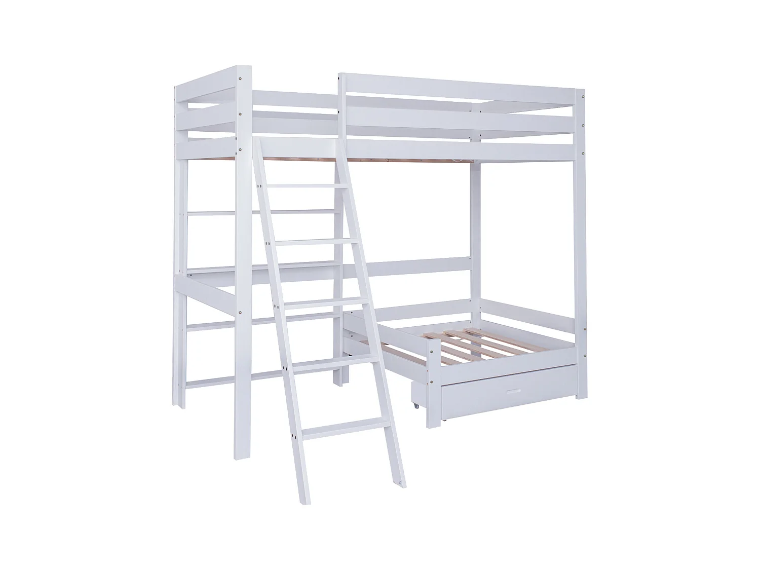 Lit superposé avec étagères et canapé, lit bois avec tiroir, échelle inclinée, cadre massif, blanc.