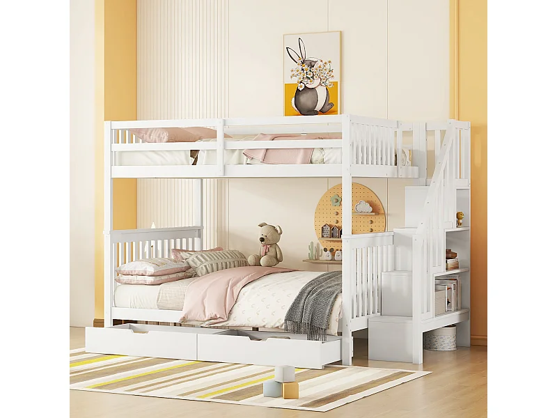 Etagenbett 140x200 cm mit Regaltreppe, 2 Schubladen, hohem Geländer, EN747-1 zertifiziert, weiß.