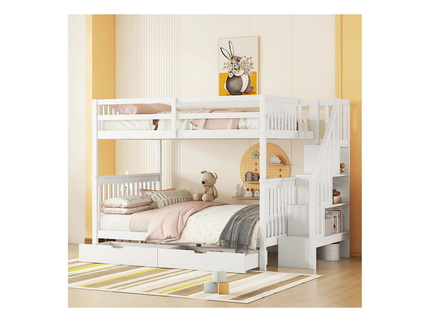 Lit superposé 140x200 cm avec escalier étagère, 2 tiroirs, balustrade haute, certifié EN747-1, blanc.