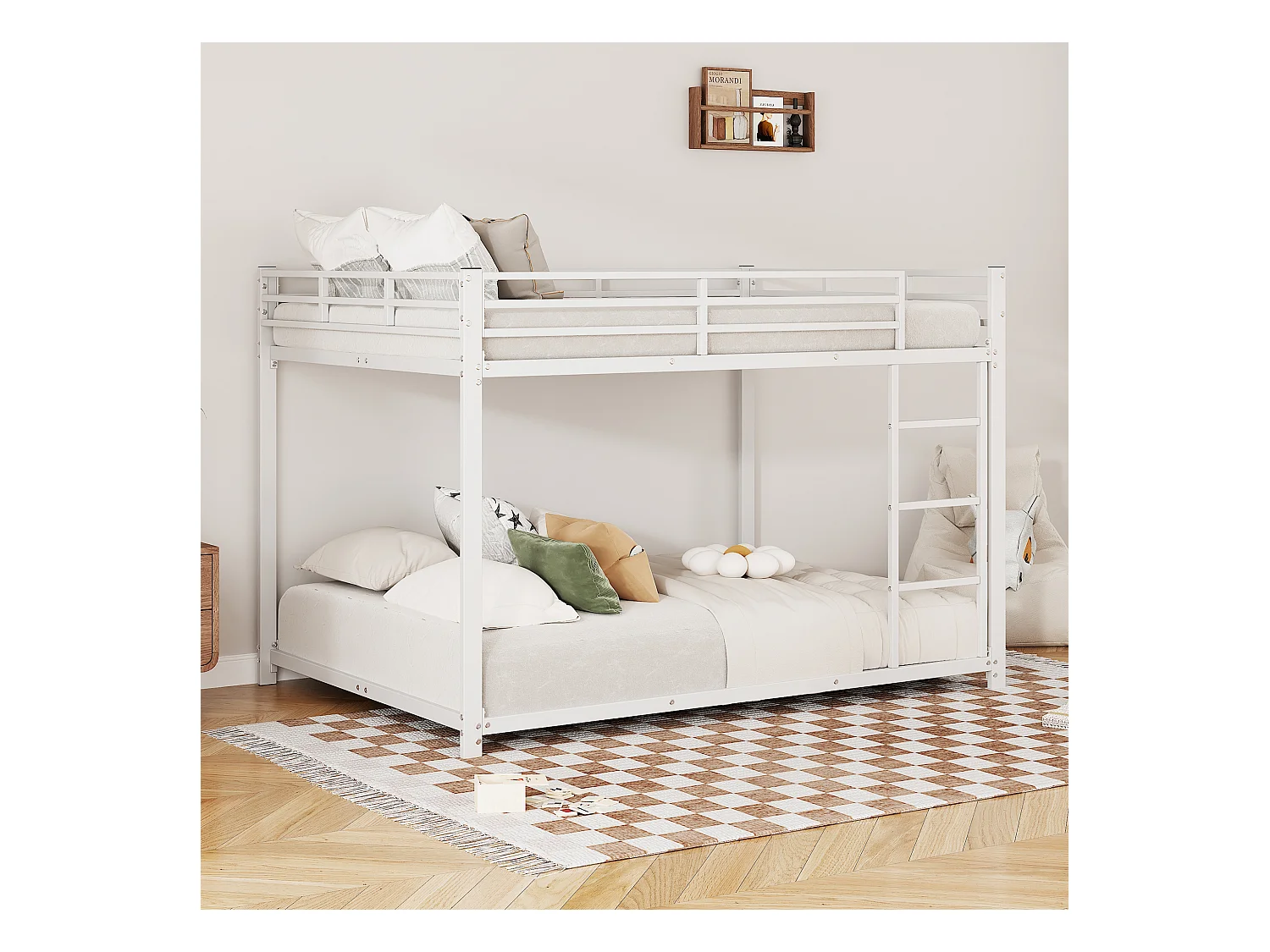 Lit superposé 140x200 cm, en métal, design classique, avec échelle, couleur blanche, idéal pour enfants et jeunes, robuste et spacieux