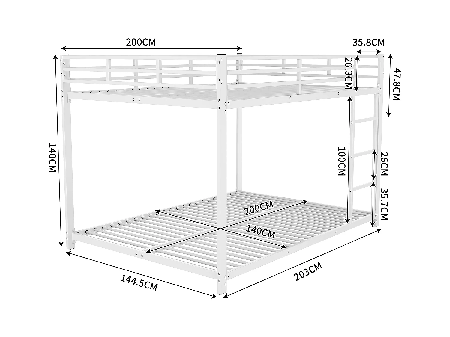 Lit superposé 140x200 cm, en métal, design classique, avec échelle, couleur blanche, idéal pour enfants et jeunes, robuste et spacieux