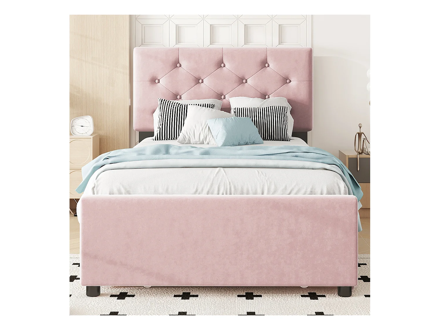 Lit rembourré 90x200 cm avec sommier à lattes (matelas non inclus), avec tiroir roulant, tissu en velours, design minimaliste, rose