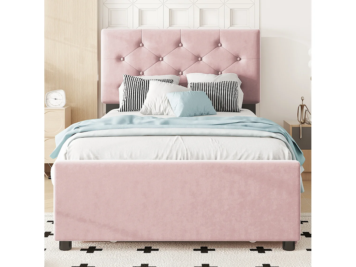 Gestoffeerd bed 90x200 cm met lattenbodem (matras niet inbegrepen), met rollade, fluwelen stof, minimalistisch design, roze