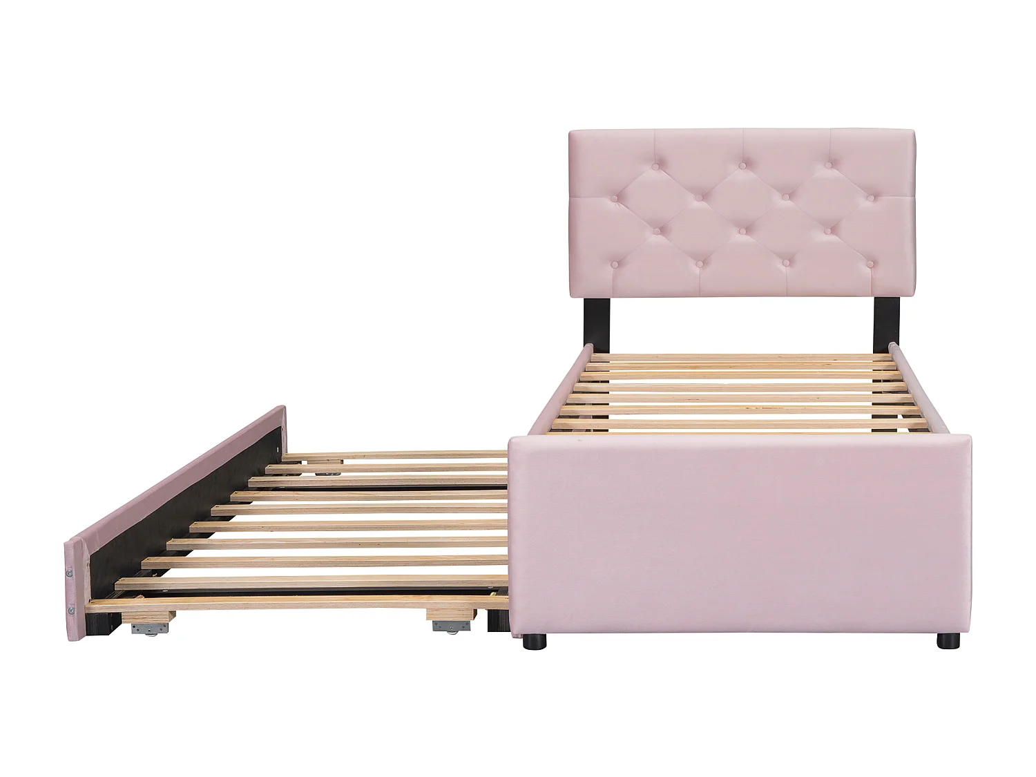 Gestoffeerd bed 90x200 cm met lattenbodem (matras niet inbegrepen), met rollade, fluwelen stof, minimalistisch design, roze