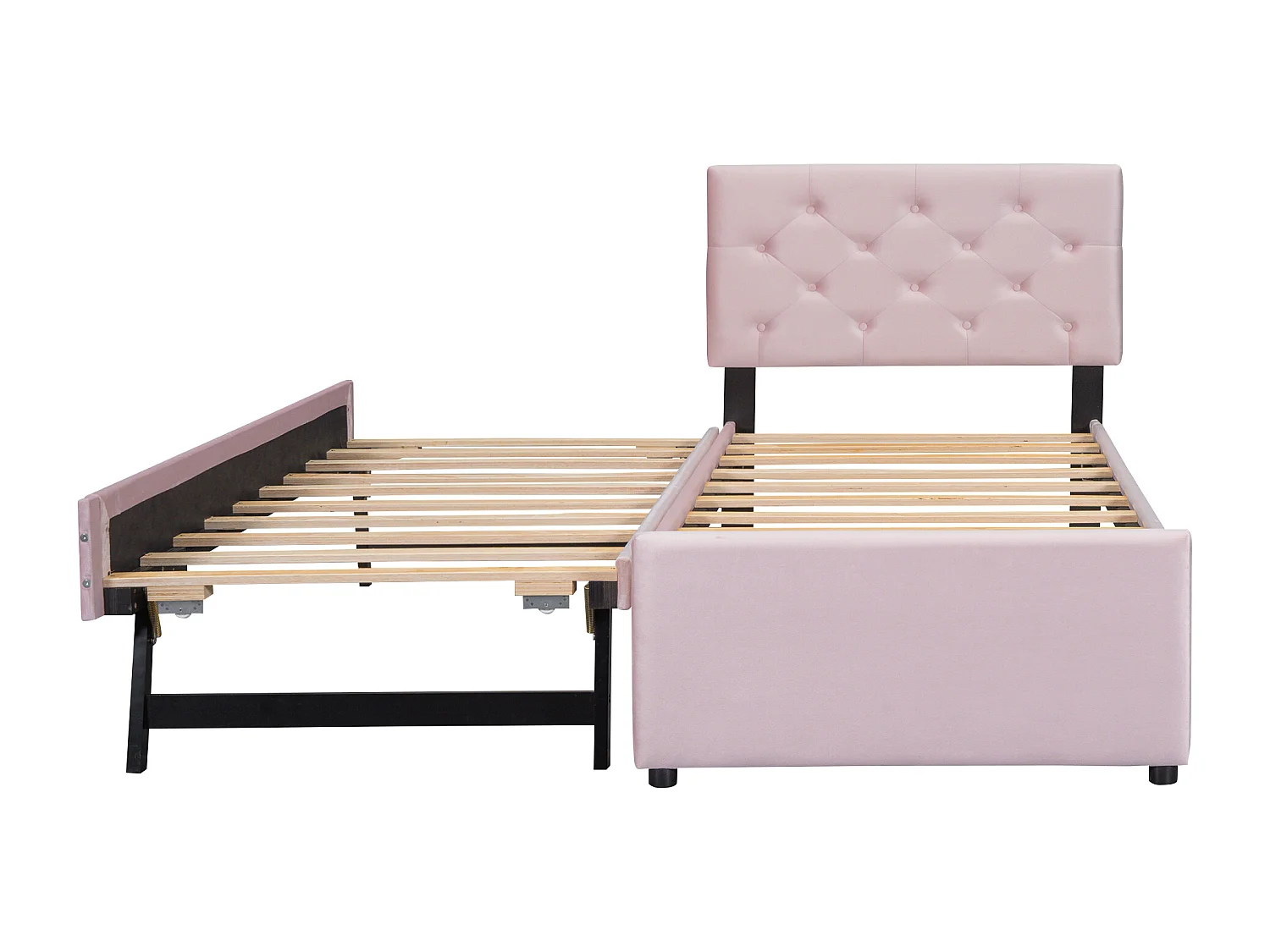 Gestoffeerd bed 90x200 cm met lattenbodem (matras niet inbegrepen), met rollade, fluwelen stof, minimalistisch design, roze