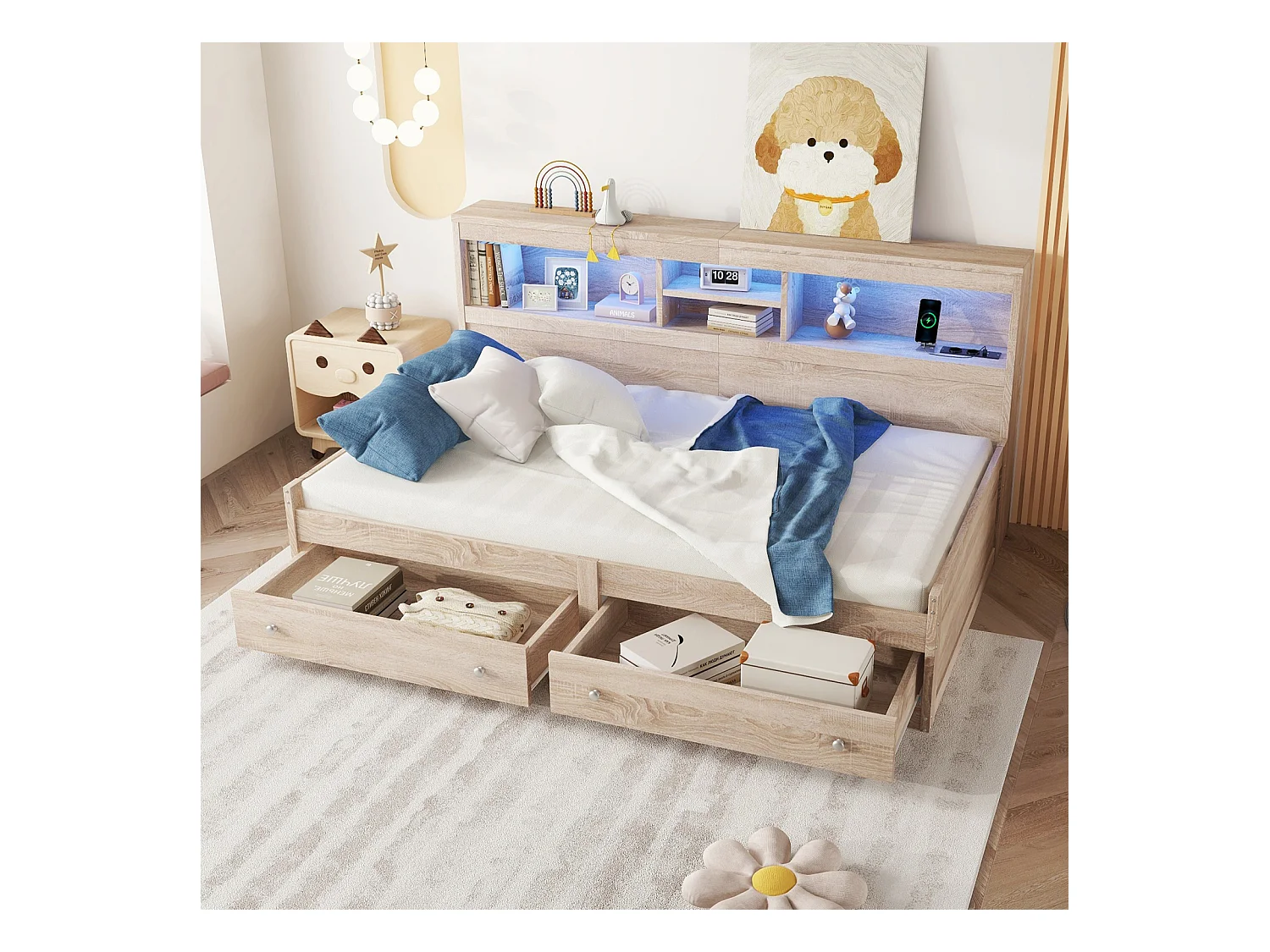 Jour-lit 90x200 cm, canapé-lit avec 2 USB et 2 ports de charge, éclairage d’ambiance, 2 tiroirs, sommier à lattes, structure en bois naturel