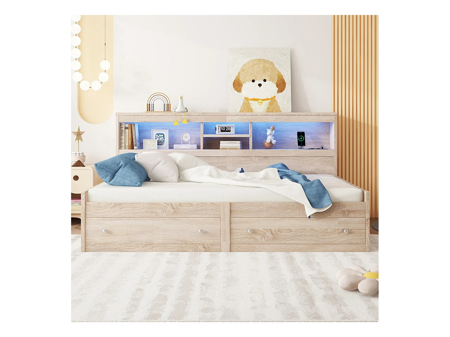 Jour-lit 90x200 cm, canapé-lit avec 2 USB et 2 ports de charge, éclairage d’ambiance, 2 tiroirs, sommier à lattes, structure en bois naturel