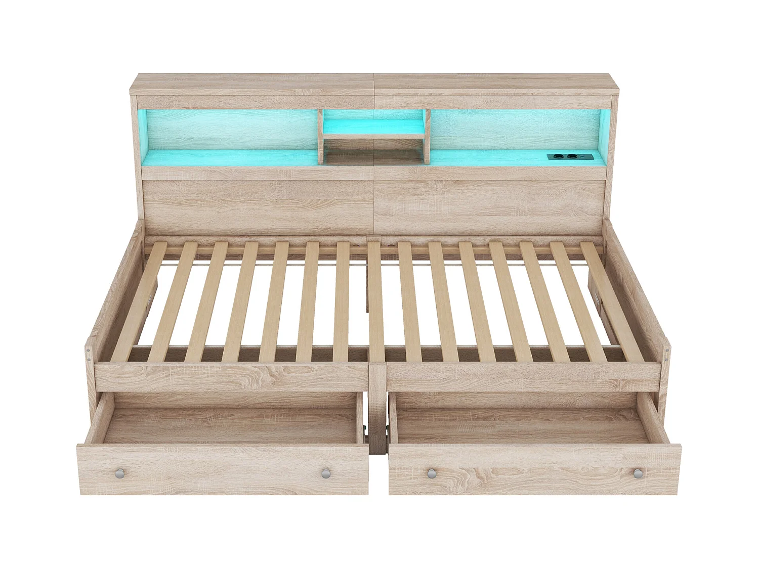 Jour-lit 90x200 cm, canapé-lit avec 2 USB et 2 ports de charge, éclairage d’ambiance, 2 tiroirs, sommier à lattes, structure en bois naturel