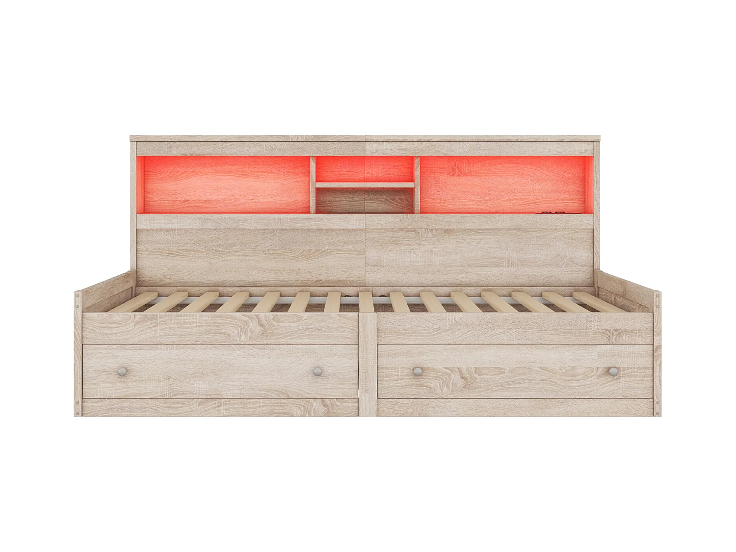 Jour-lit 90x200 cm, canapé-lit avec 2 USB et 2 ports de charge, éclairage d’ambiance, 2 tiroirs, sommier à lattes, structure en bois naturel