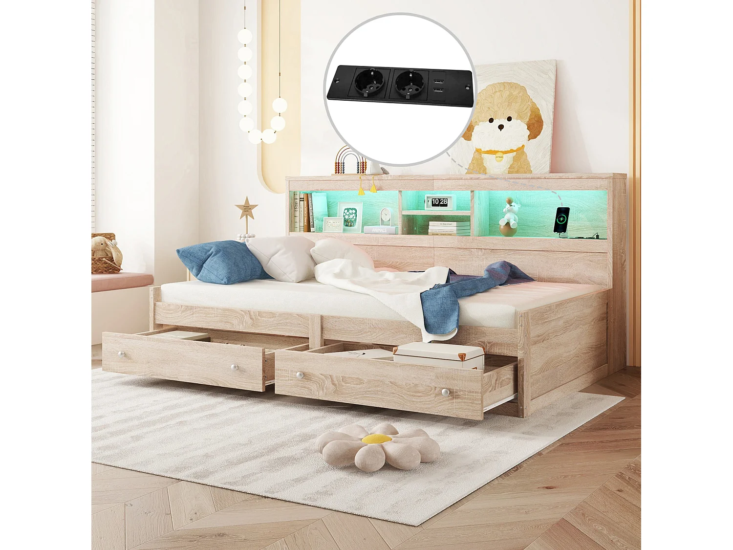 Tagesbett 90x200 cm, Schlafsofa mit 2 USB- und 2 Ladeanschlüssen, Stimmungsbeleuchtung, 2 Schubladen, Lattenrost, Naturholzstruktur