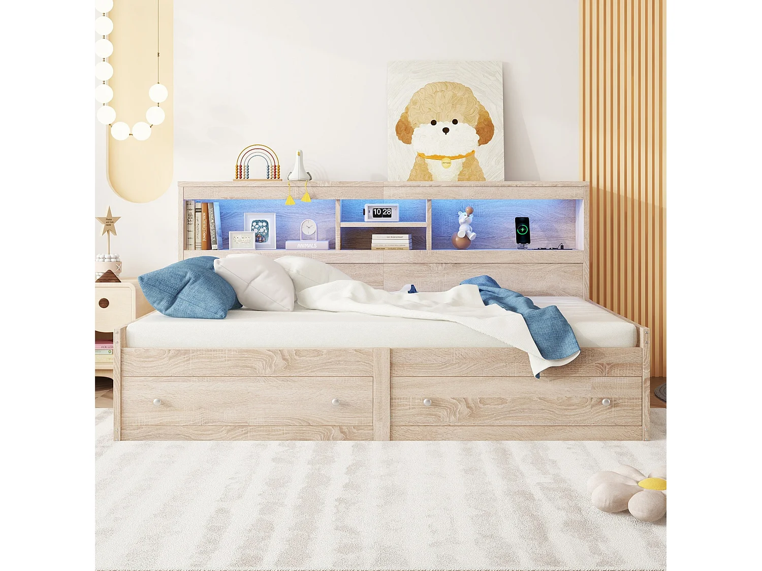Tagesbett 90x200 cm, Schlafsofa mit 2 USB- und 2 Ladeanschlüssen, Stimmungsbeleuchtung, 2 Schubladen, Lattenrost, Naturholzstruktur