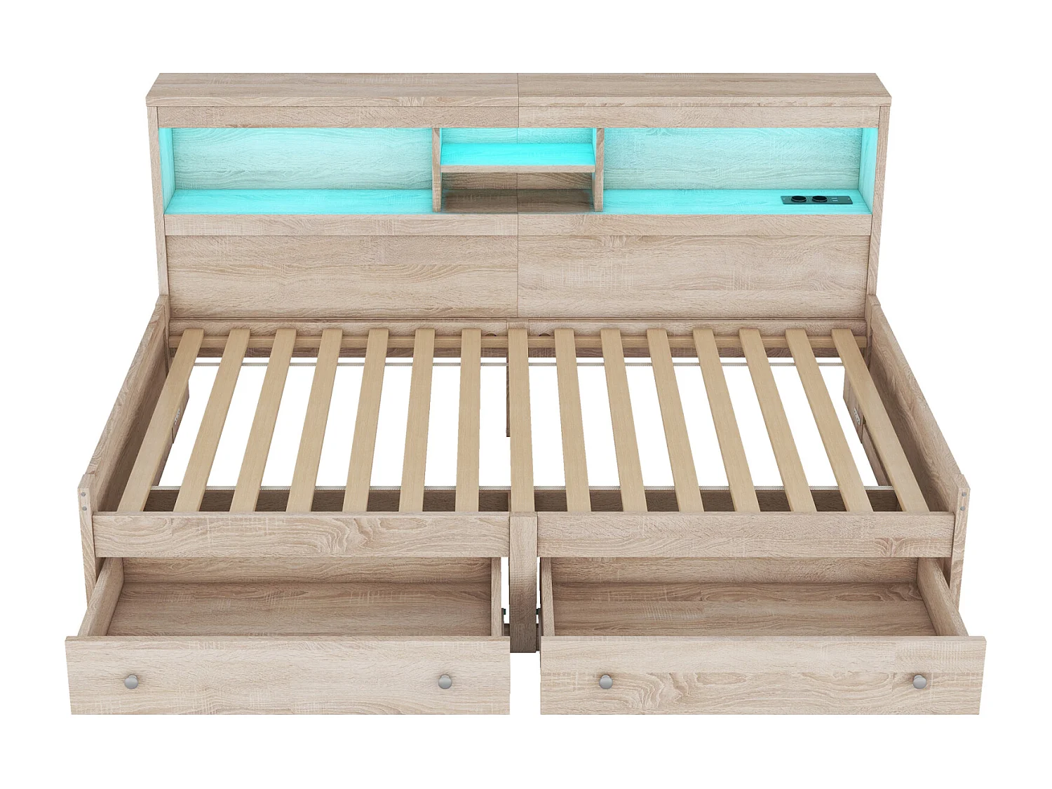 Tagesbett 90x200 cm, Schlafsofa mit 2 USB- und 2 Ladeanschlüssen, Stimmungsbeleuchtung, 2 Schubladen, Lattenrost, Naturholzstruktur