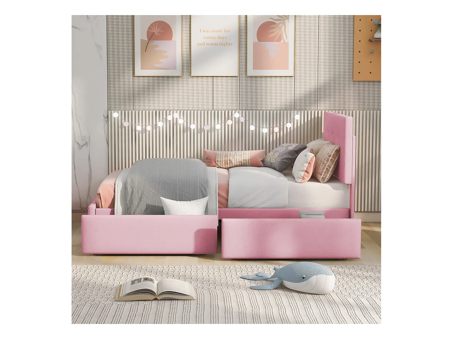 Lit rembourré 90x200 cm avec sommier à lattes, dossier et 2 tiroirs, tissu doux beige, lit plat pour enfant, ado ou invité, couleur rose