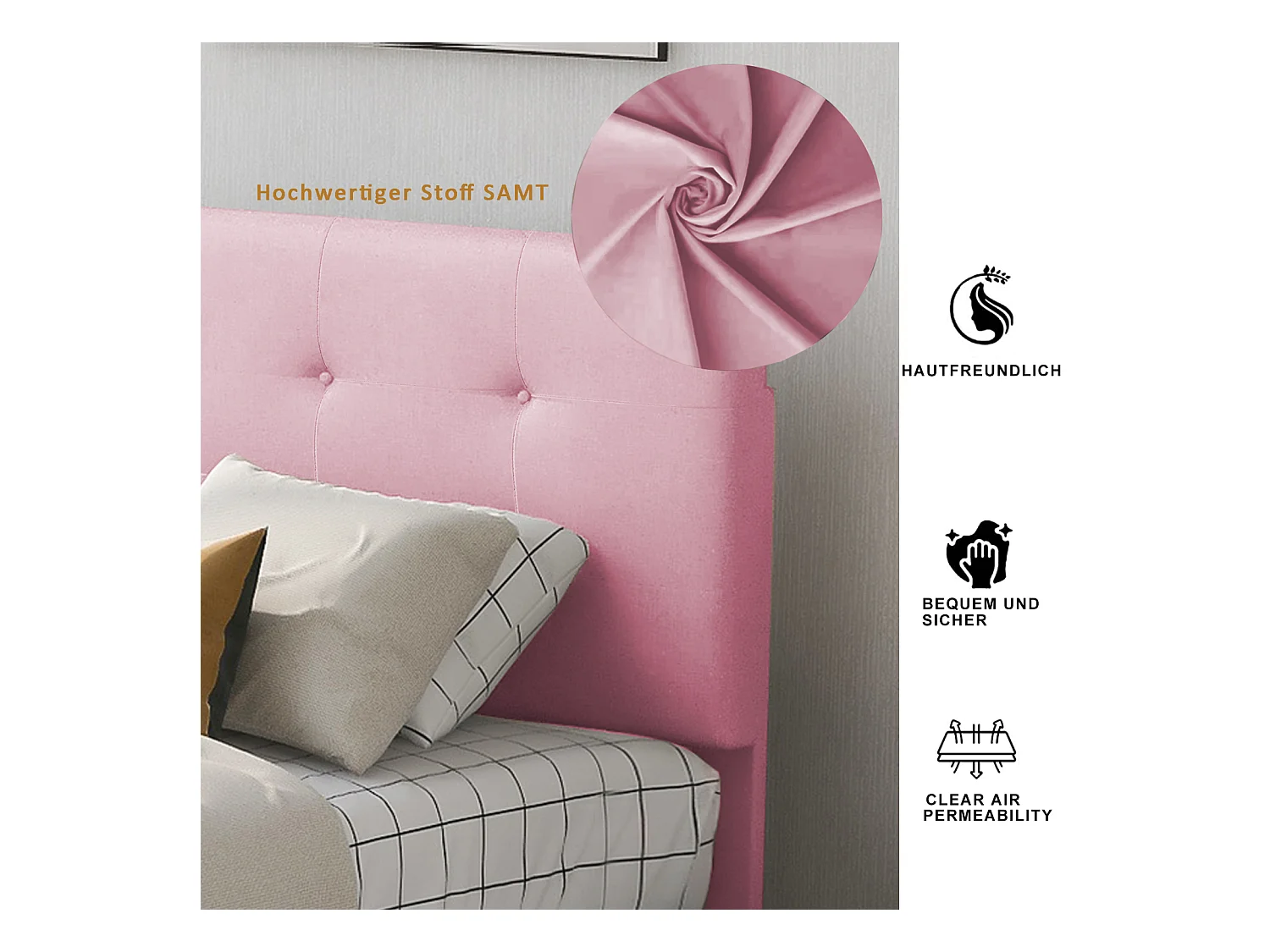 Lit rembourré 90x200 cm avec sommier à lattes, dossier et 2 tiroirs, tissu doux beige, lit plat pour enfant, ado ou invité, couleur rose