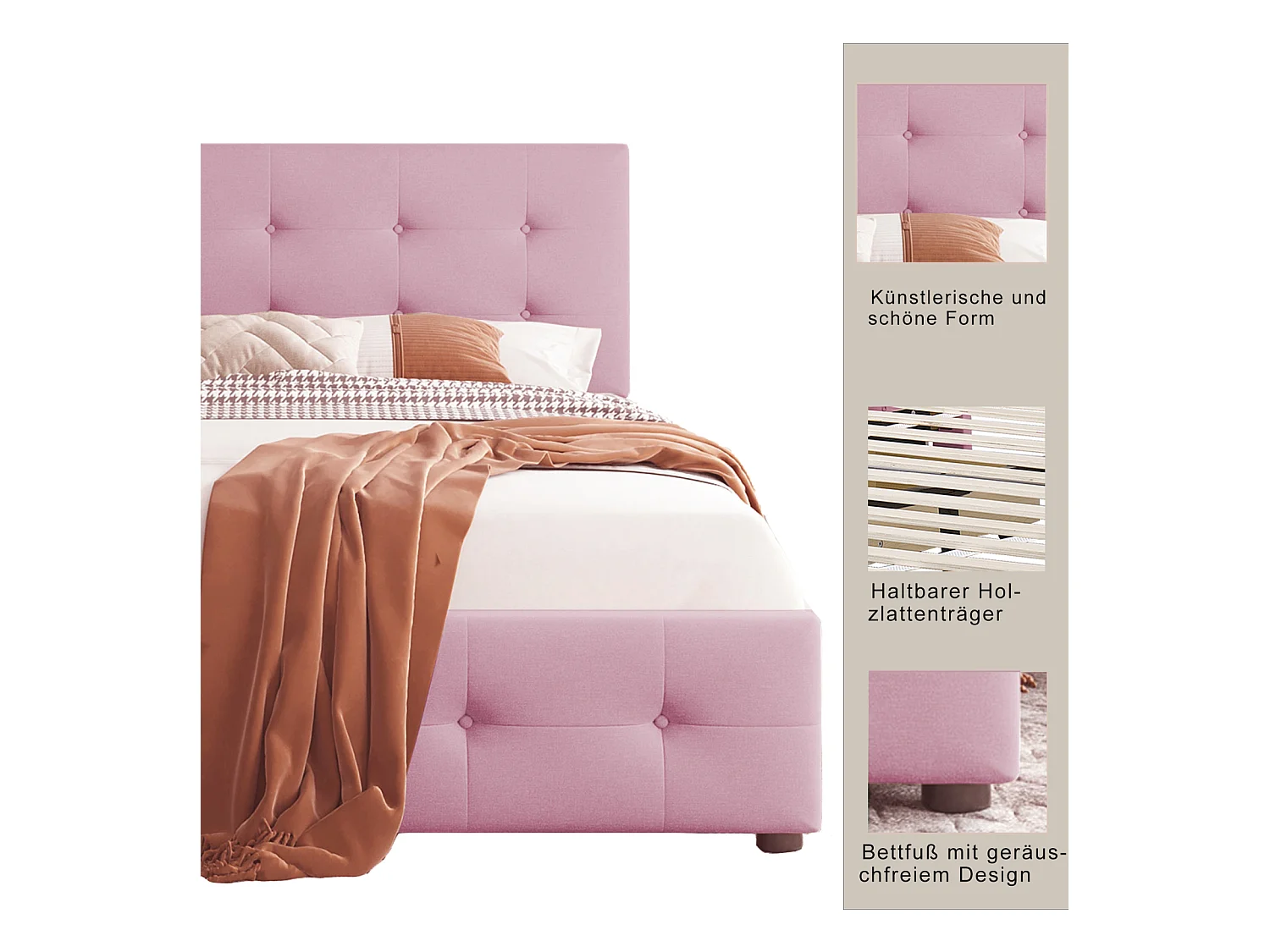 Lit rembourré 90x200 cm avec sommier à lattes, dossier et 2 tiroirs, tissu doux beige, lit plat pour enfant, ado ou invité, couleur rose