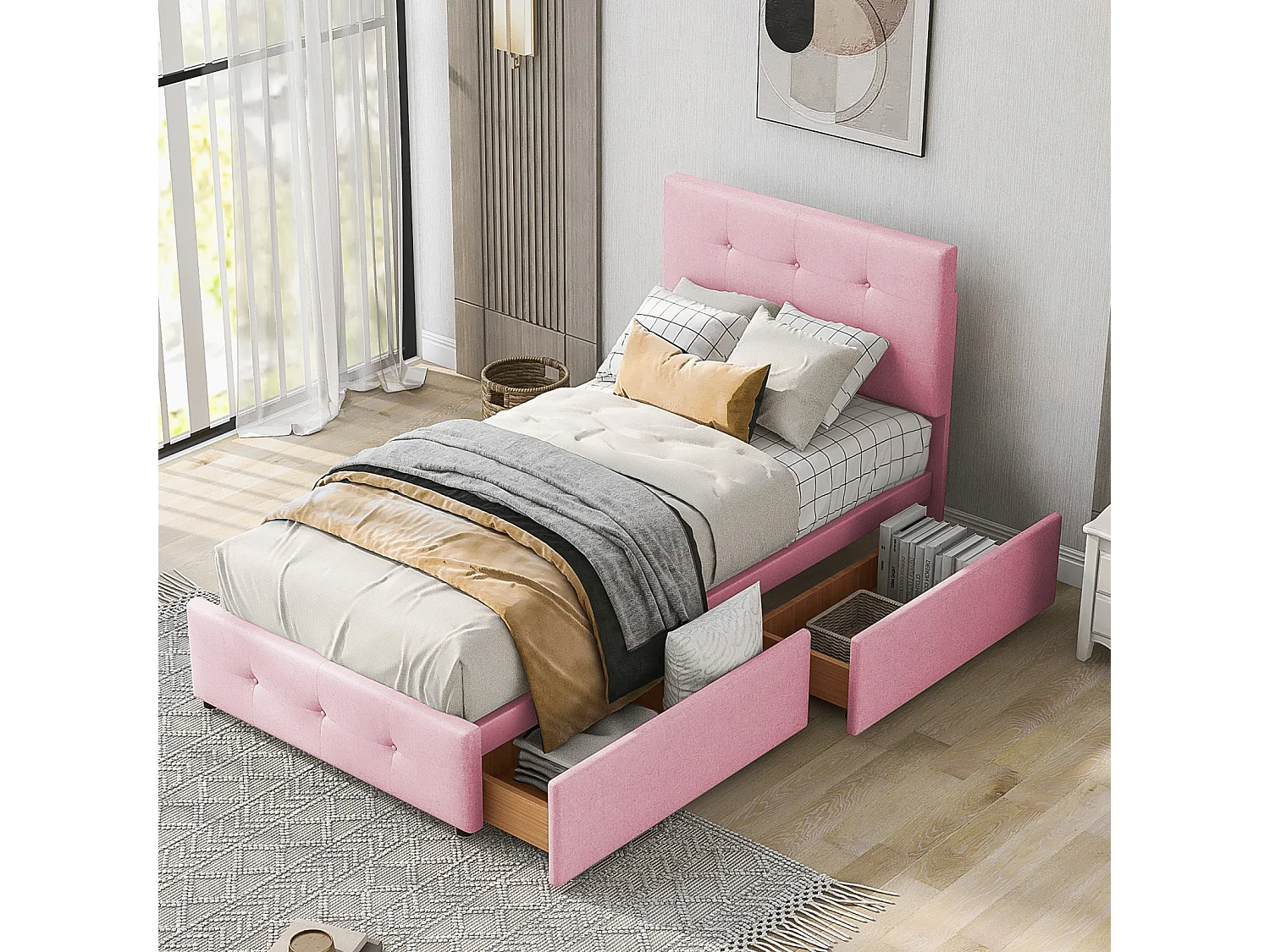 Lit rembourré 90x200 cm avec sommier à lattes, dossier et 2 tiroirs, tissu doux beige, lit plat pour enfant, ado ou invité, couleur rose