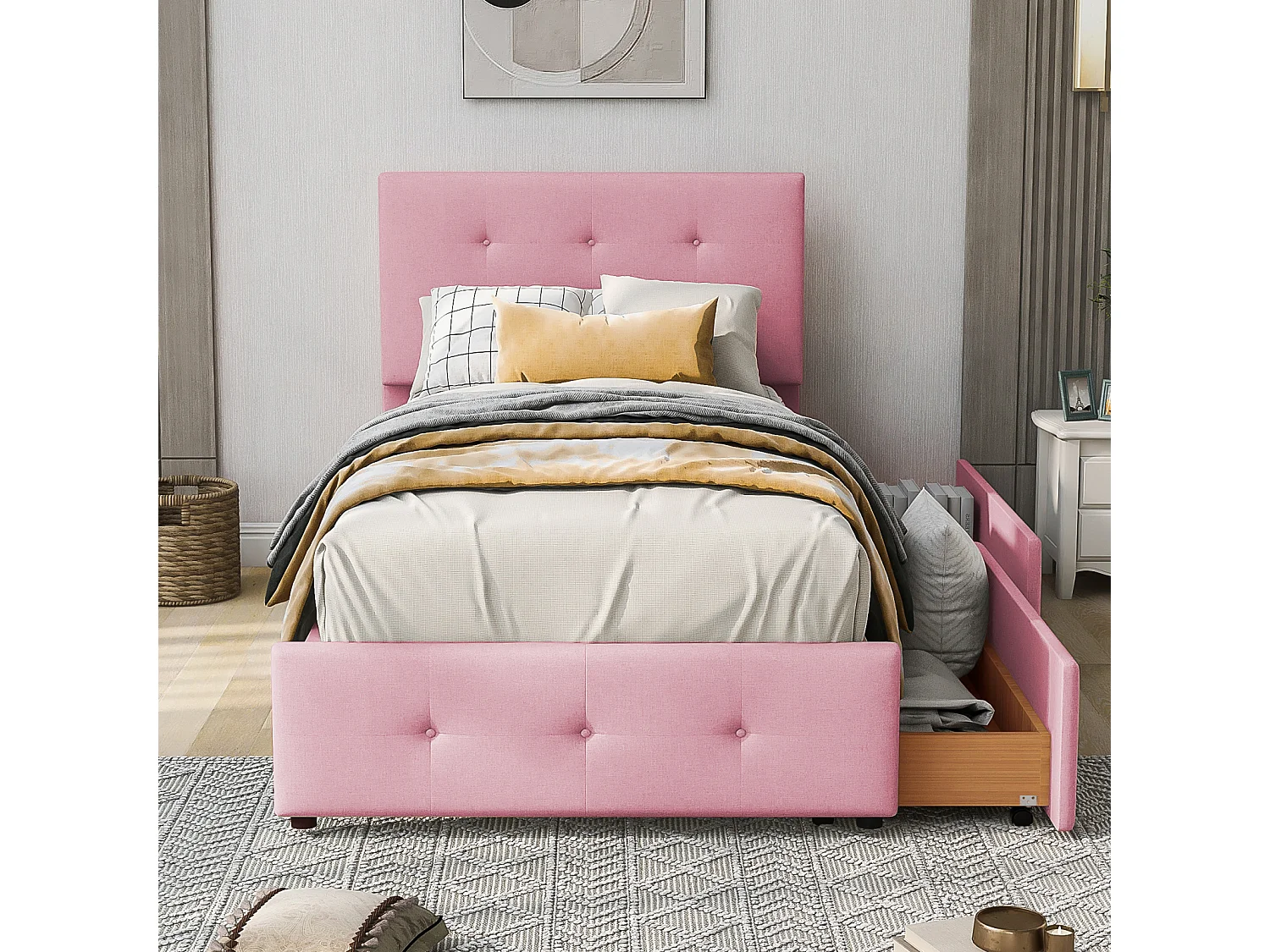 Lit rembourré 90x200 cm avec sommier à lattes, dossier et 2 tiroirs, tissu doux beige, lit plat pour enfant, ado ou invité, couleur rose