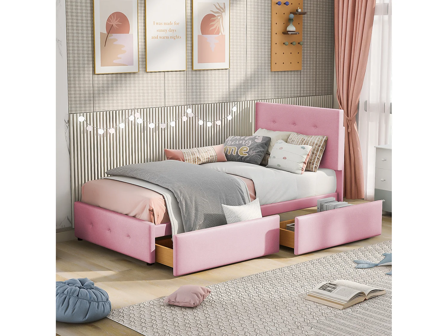 Lit rembourré 90x200 cm avec sommier à lattes, dossier et 2 tiroirs, tissu doux beige, lit plat pour enfant, ado ou invité, couleur rose