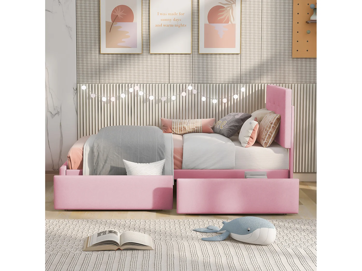 Lit rembourré 90x200 cm avec sommier à lattes, dossier et 2 tiroirs, tissu doux beige, lit plat pour enfant, ado ou invité, couleur rose