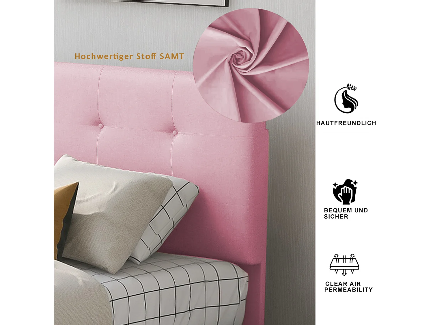 Lit rembourré 90x200 cm avec sommier à lattes, dossier et 2 tiroirs, tissu doux beige, lit plat pour enfant, ado ou invité, couleur rose