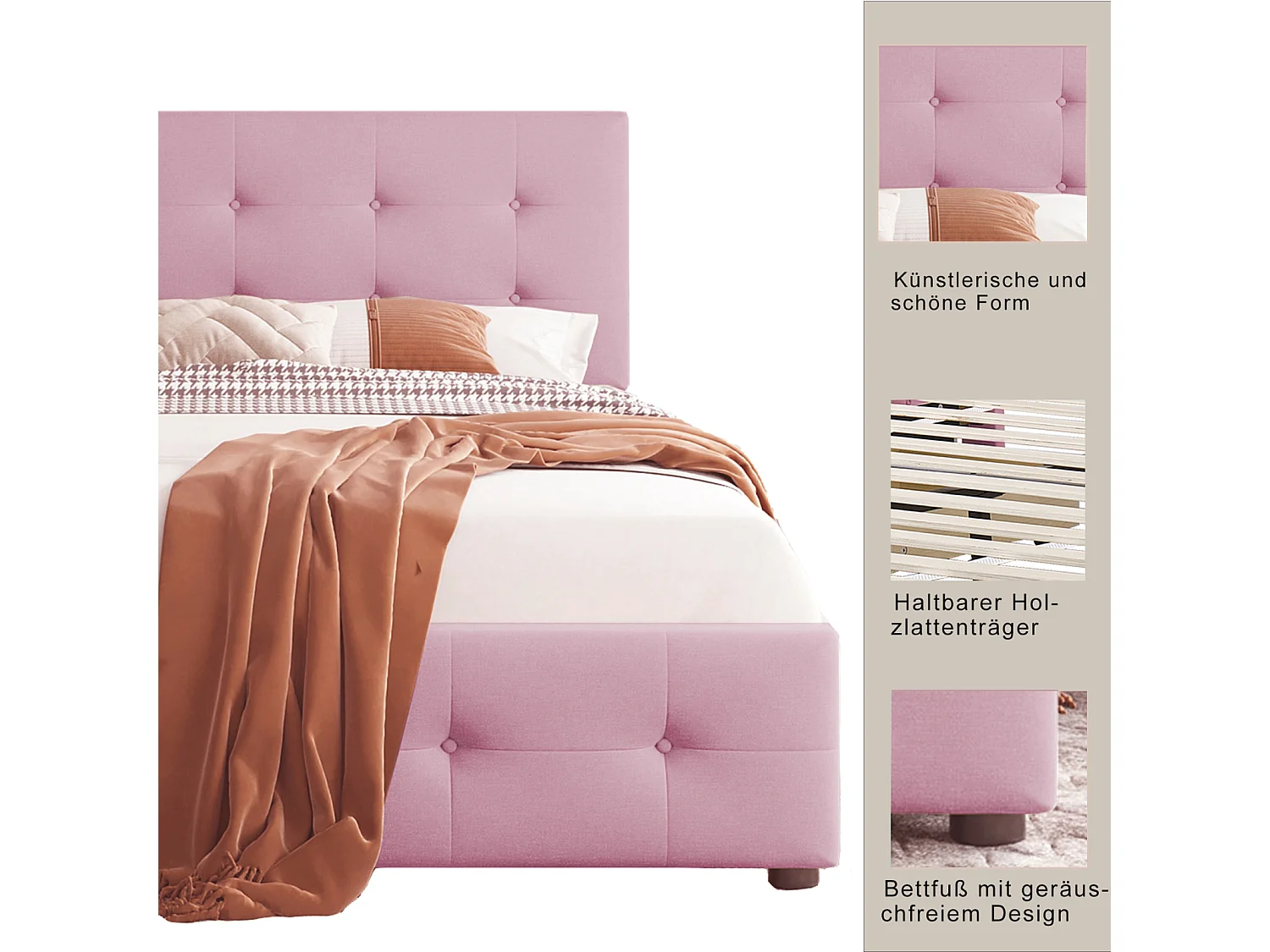 Lit rembourré 90x200 cm avec sommier à lattes, dossier et 2 tiroirs, tissu doux beige, lit plat pour enfant, ado ou invité, couleur rose