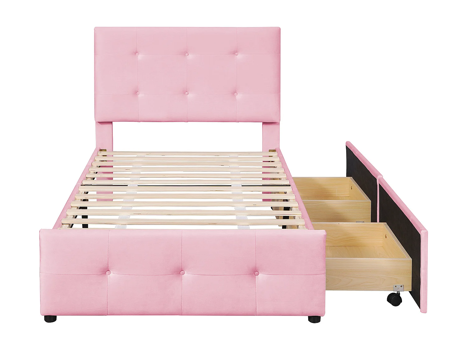 Lit rembourré 90x200 cm avec sommier à lattes, dossier et 2 tiroirs, tissu doux beige, lit plat pour enfant, ado ou invité, couleur rose