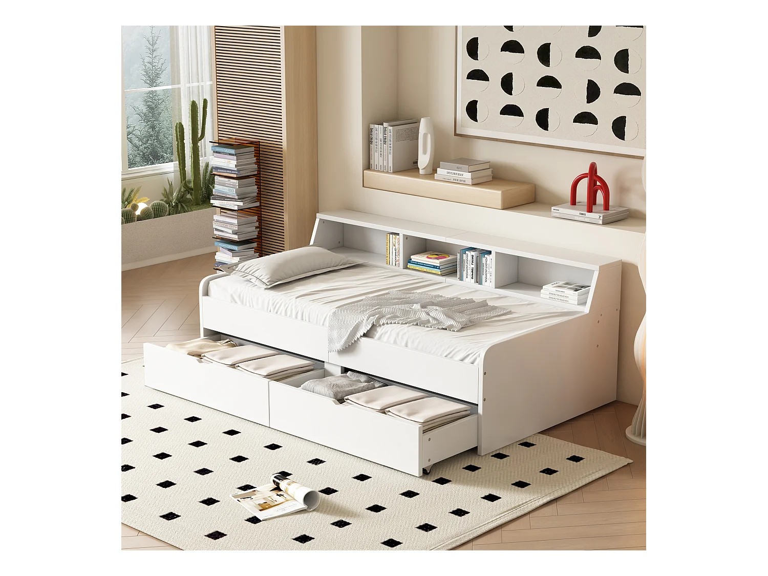 Tagesbett 90x200 cm, Einzelbett, zwei Schubladen, integriertes Staufach, klares Design, weiß für Kinder.