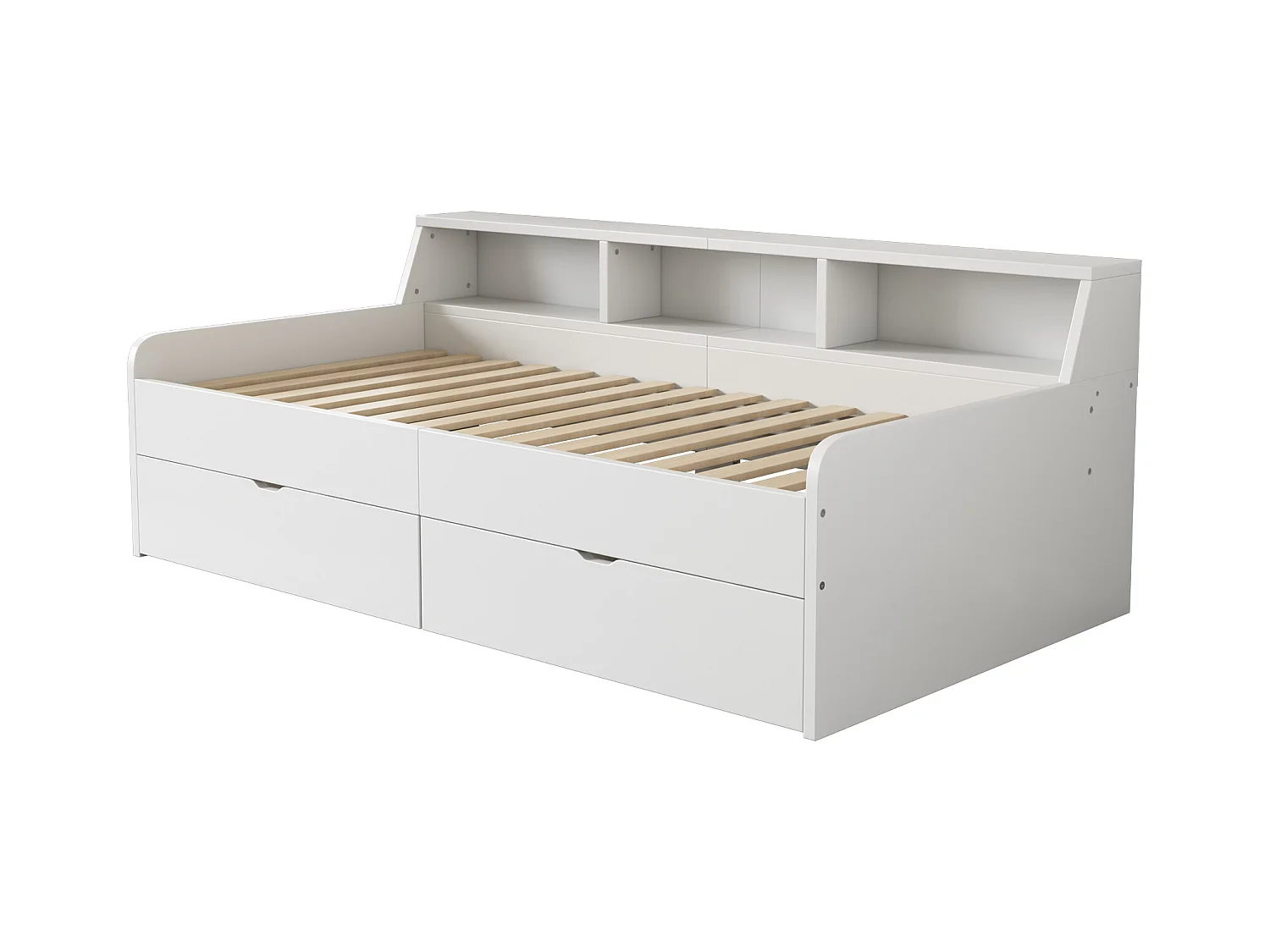 Tagesbett 90x200 cm, Einzelbett, zwei Schubladen, integriertes Staufach, klares Design, weiß für Kinder.