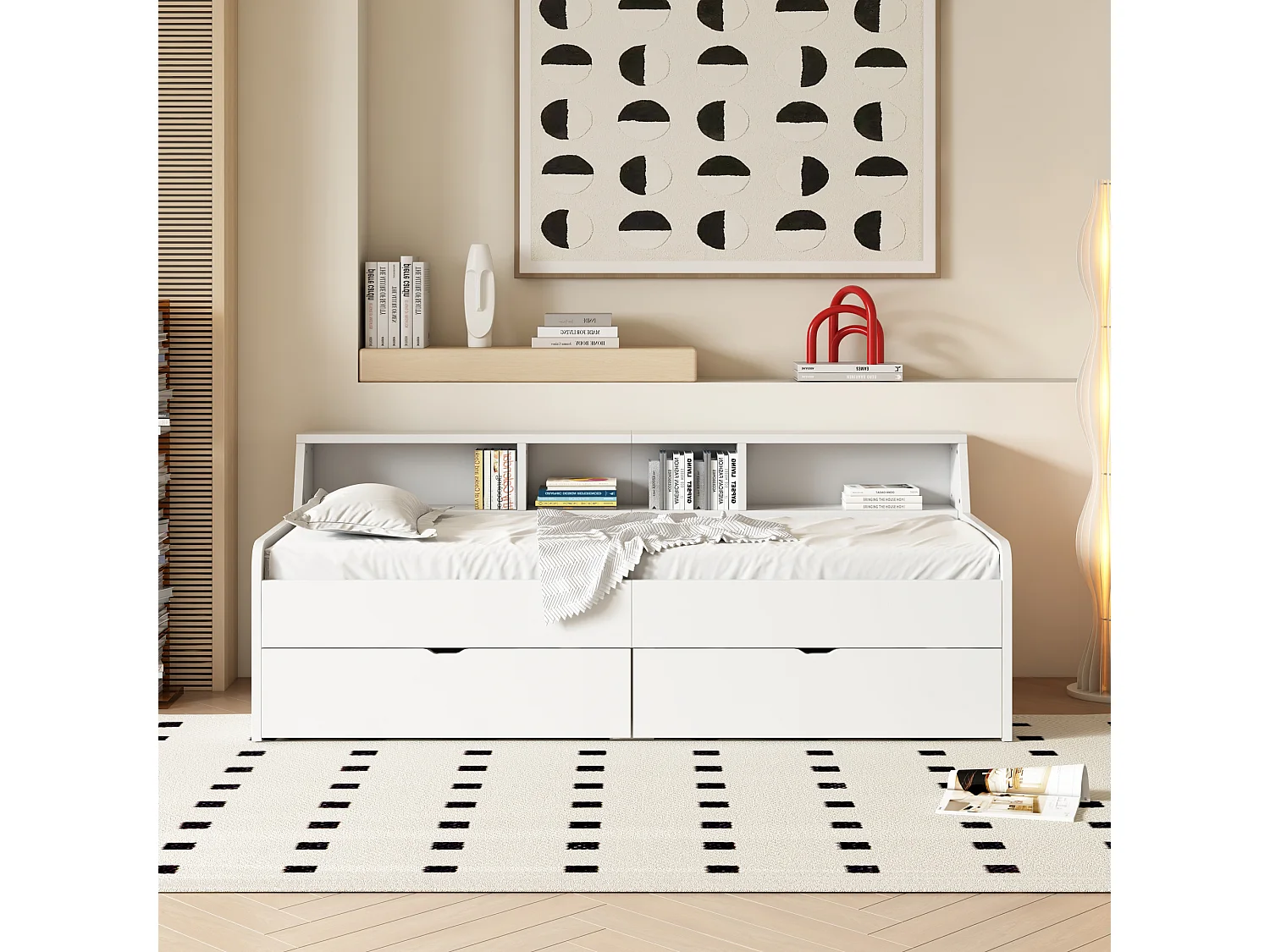 Divano letto 90x200 cm, singolo, due cassetti, vano portaoggetti integrato, design pulito, bianco per bambini.