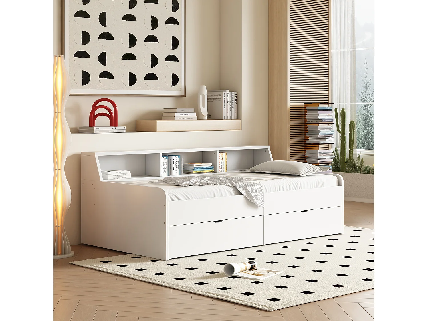 Divano letto 90x200 cm, singolo, due cassetti, vano portaoggetti integrato, design pulito, bianco per bambini.
